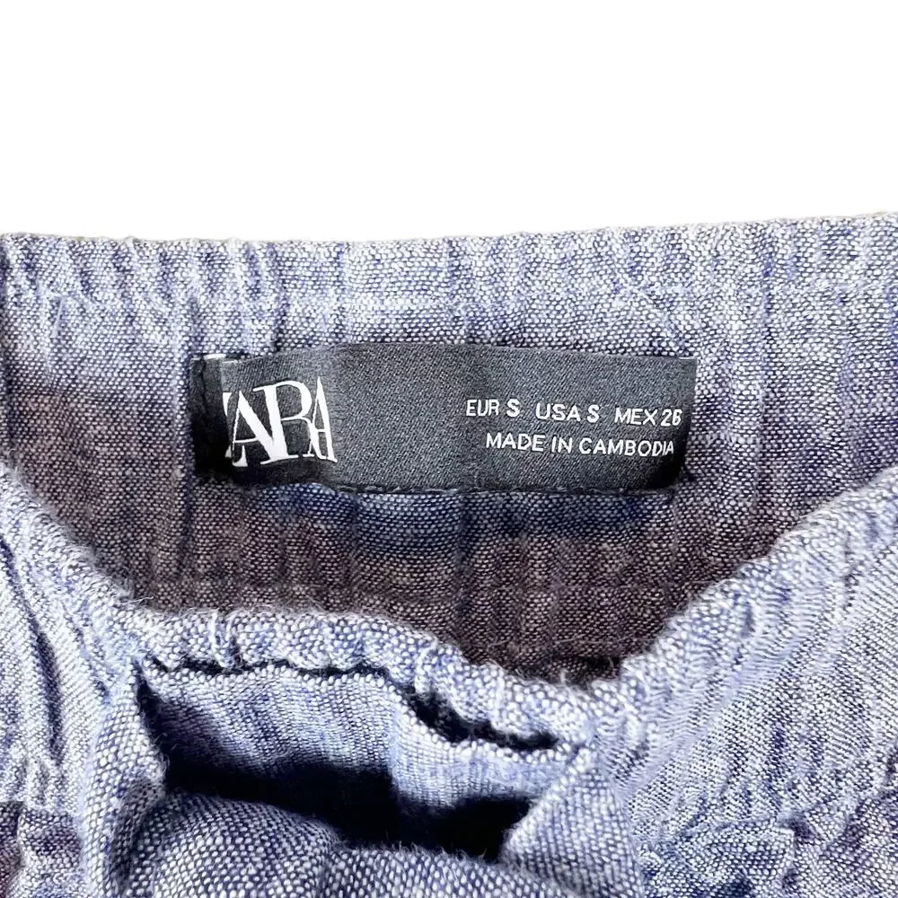 Zara‎ Blue Linen Blend Tie Waist Tapered Pants Womens Small High Rise Cuffed Hem